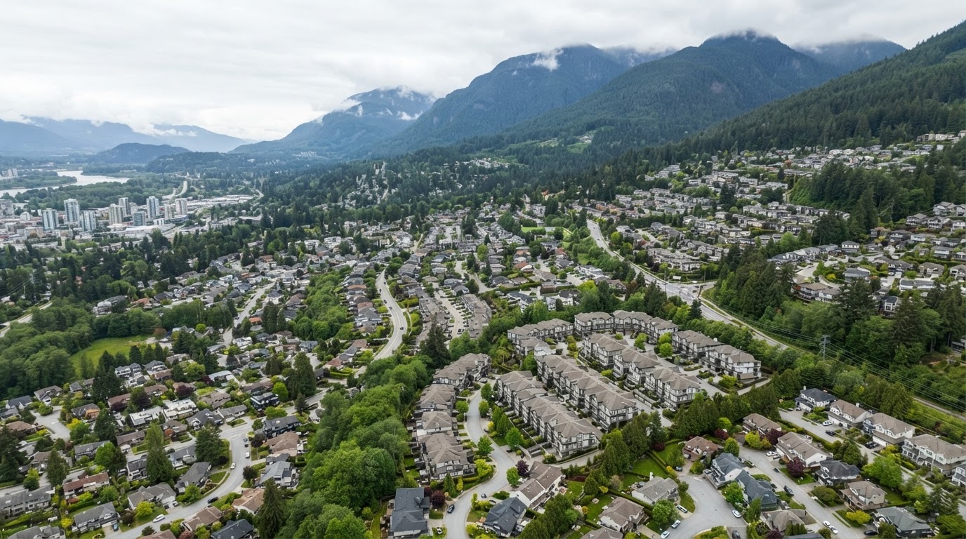 Aerial view of Coquitlam BC suburban hillside rooftops and townhome developments for roofing services in Coquitlam