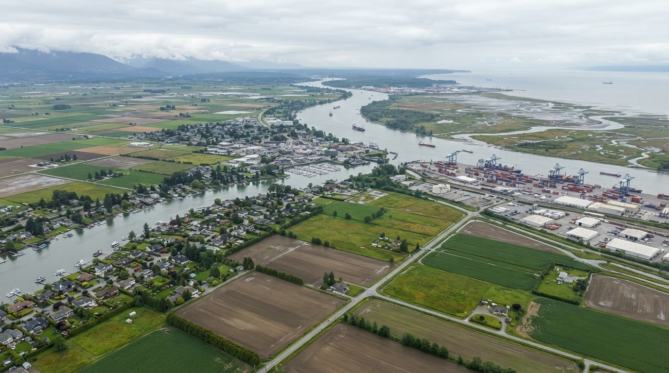 Aerial view of Delta BC waterfront homes and farmland for roofing services in Delta