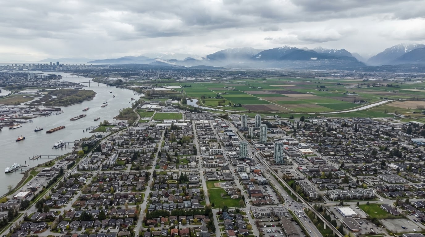 Aerial view of Richmond BC flat low-lying residential and commercial rooftops for roofing services in Richmond