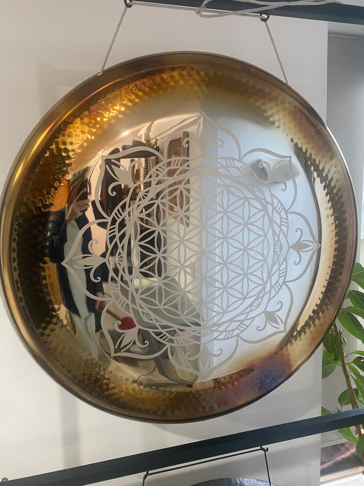 Close-up of Flower of Life design on 36 inch gong