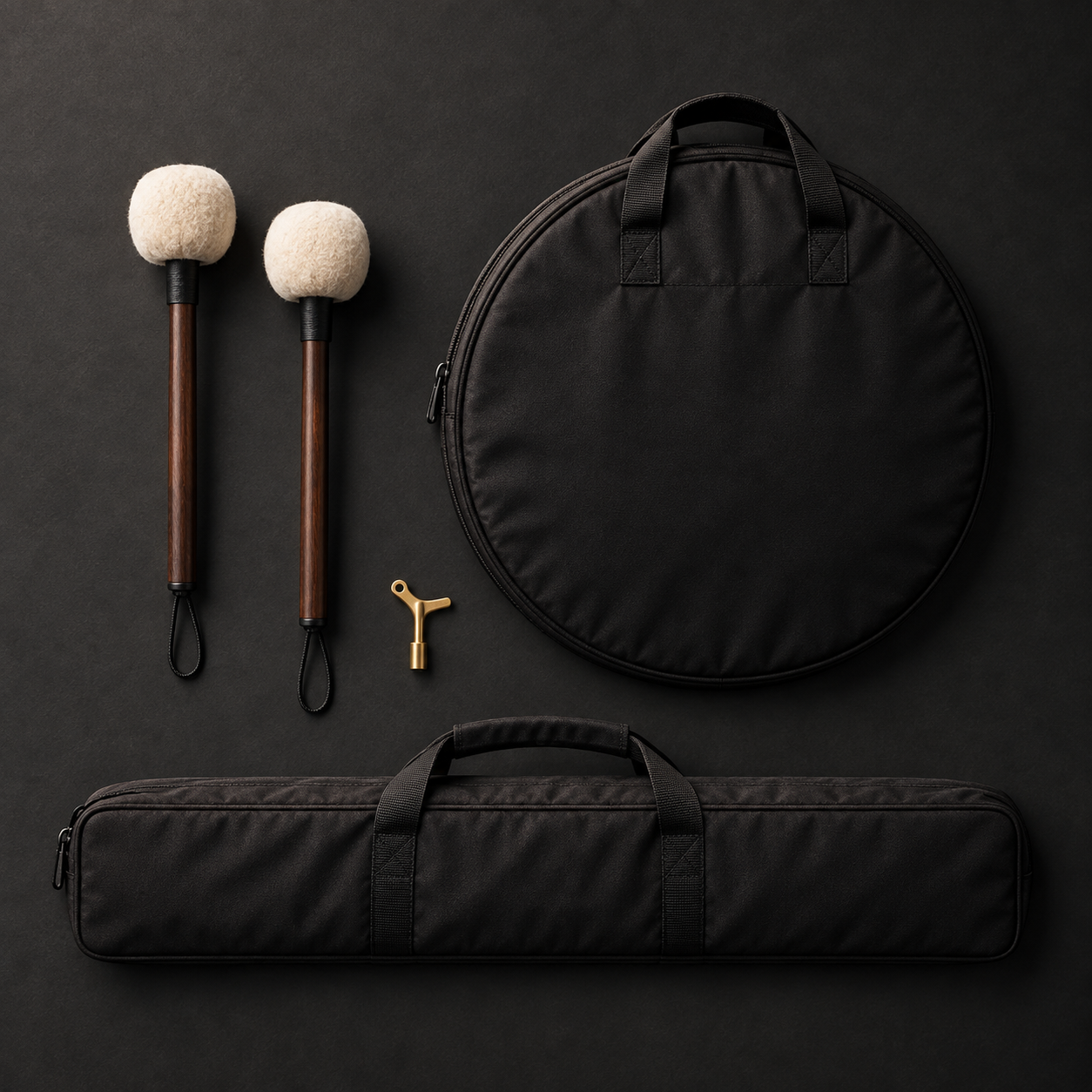 36 inch Flower of Life gong kit accessories flat lay with gong bag, stand bag and mallets