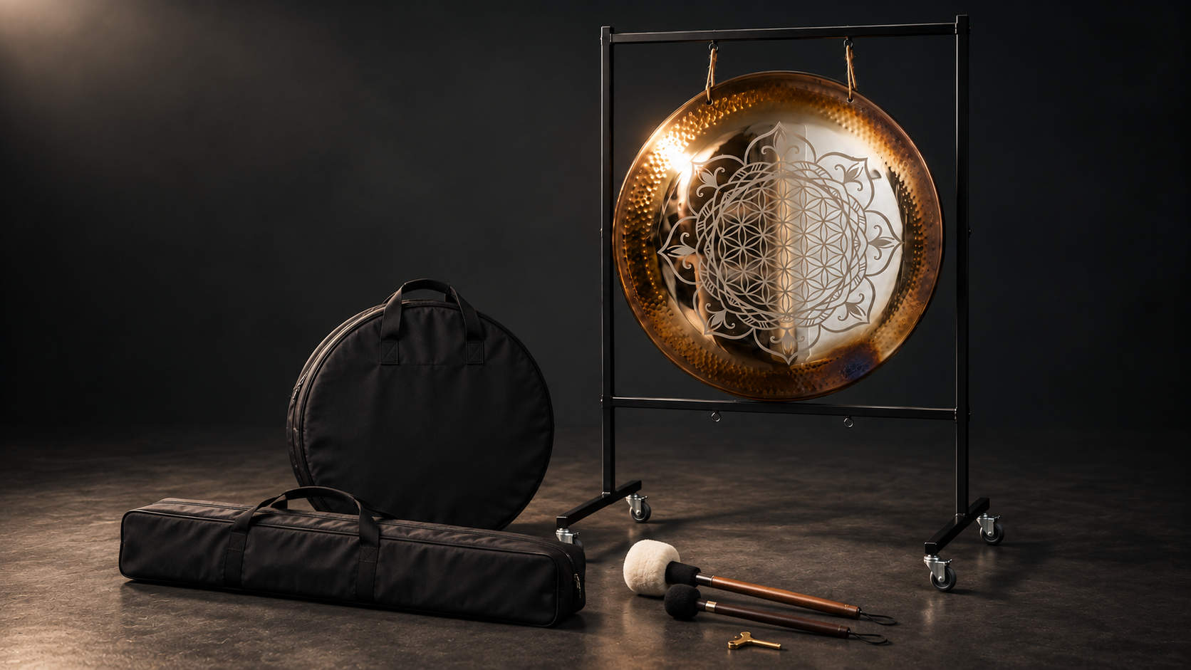 36-inch Flower of Life gong on a black powder-coated steel double stand in a dark Gongscape studio