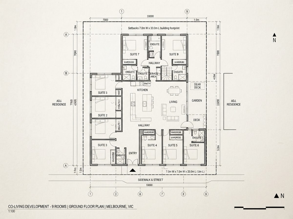 Example 9-room co-living floor plan diagram