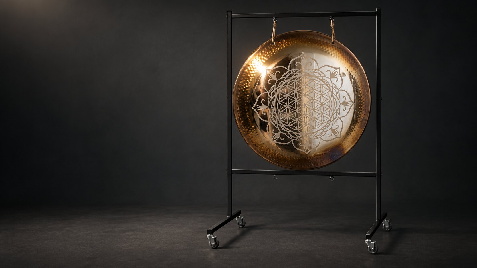 36 inch Flower of Life gong on a black steel gong frame