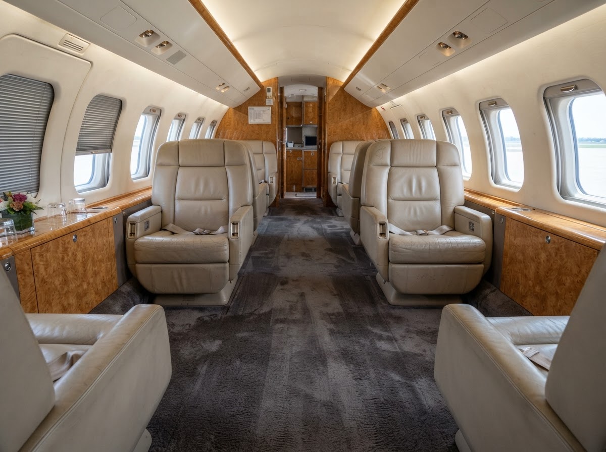 Freshly cleaned aircraft cabin carpet running down the aisle between leather seats after extraction service