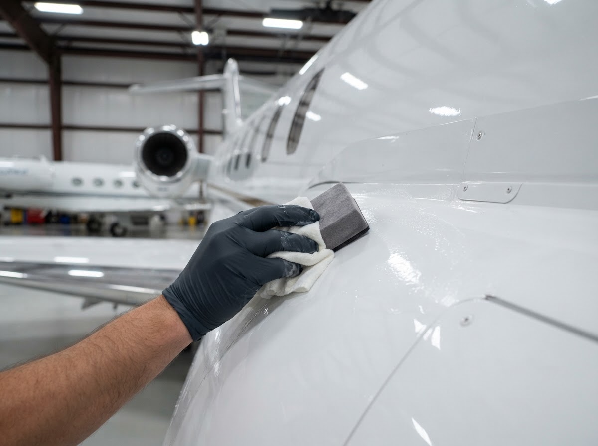Ceramic coating being applied to a private jet exterior