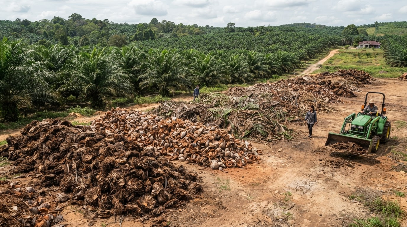 Organic waste materials collected at plantation site including palm shells and coconut husks