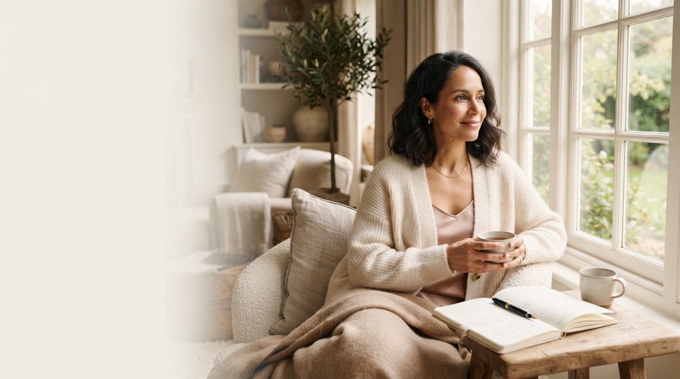 A woman sitting calmly by a sunlit window with a journal, representing considered, personal health practice