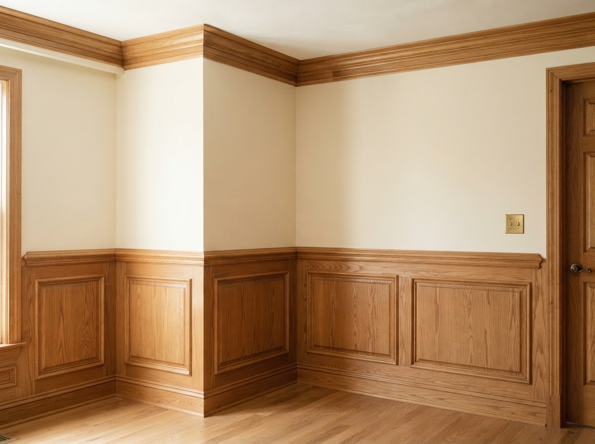 Detailed crown molding and wall paneling in a residential room