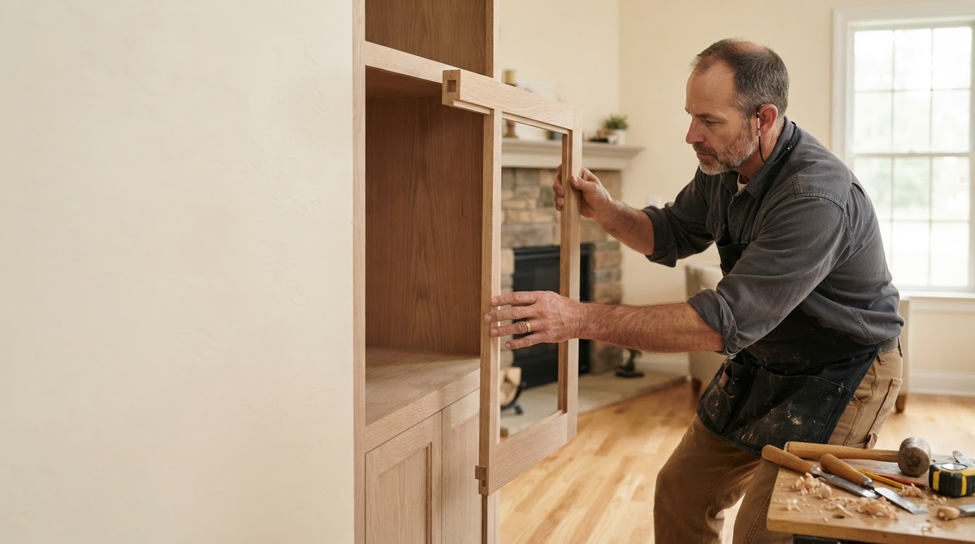 Carpenter fitting custom built-in cabinetry in a Cheltenham-area home