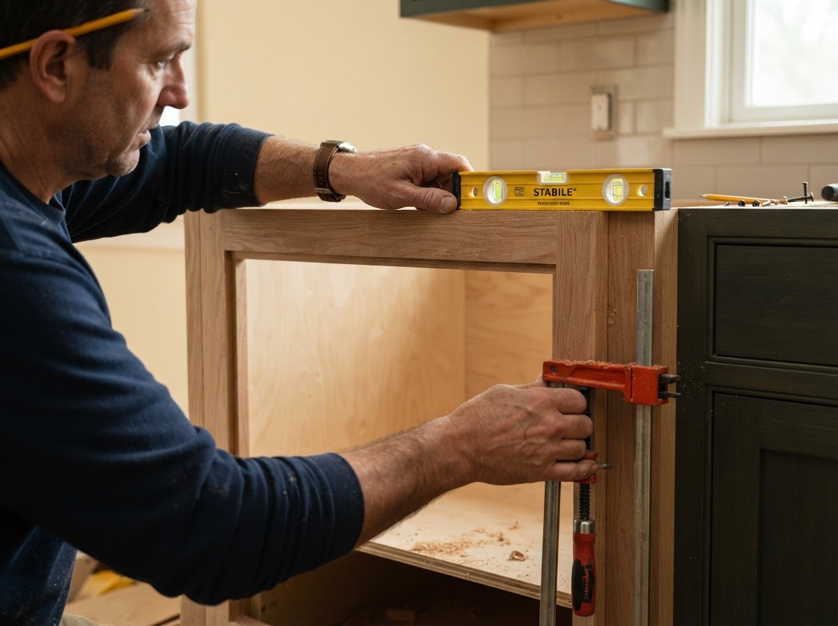 Custom cabinet installation with fitted face frames and hardwood details