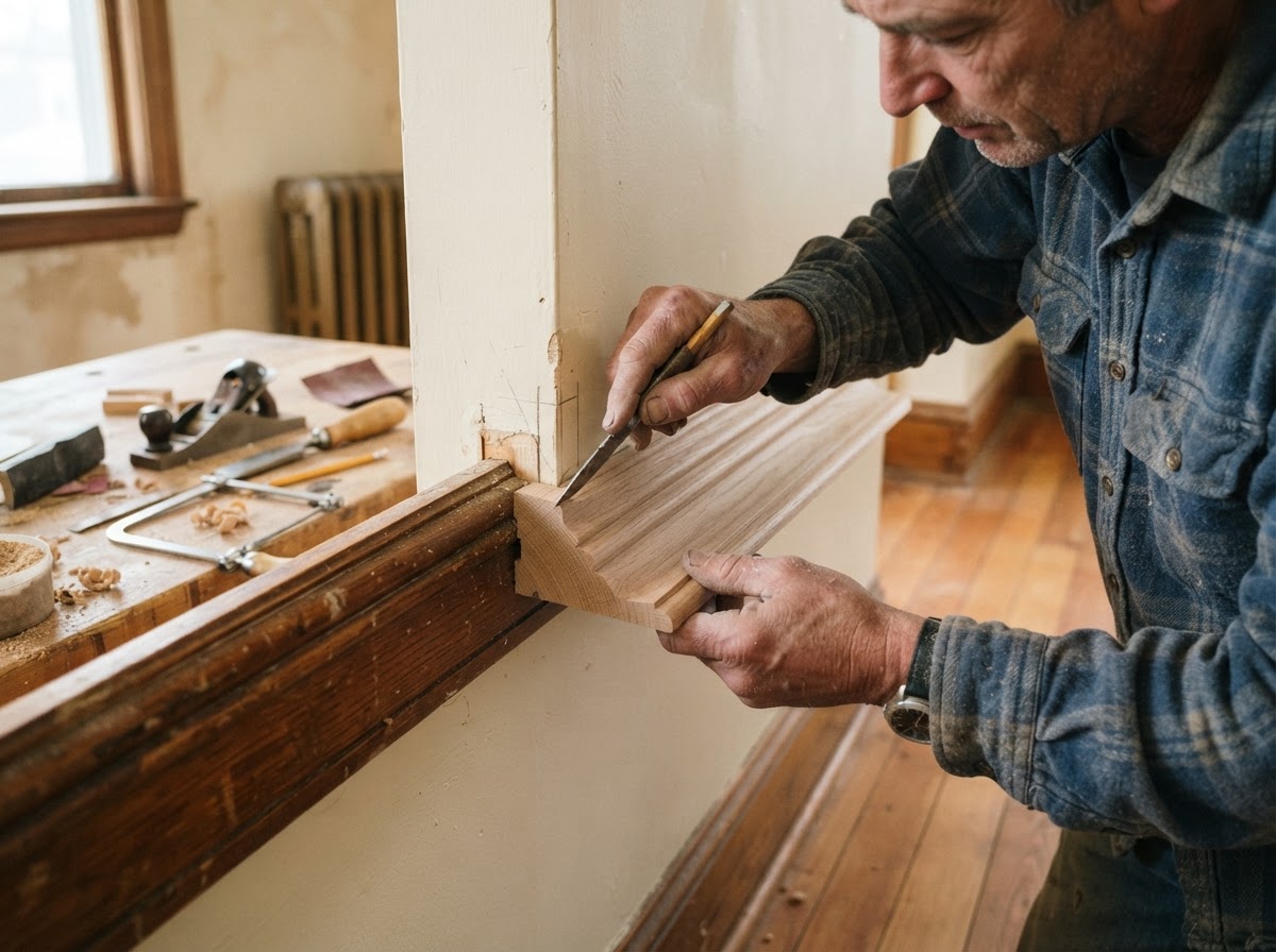 Carpenter restoring and matching existing wood trim