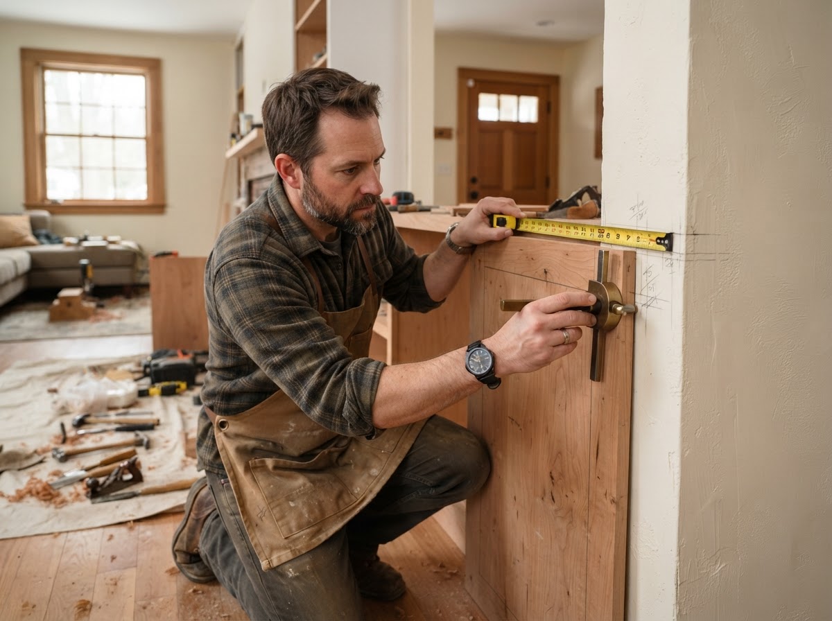 Carpenter measuring and scribing custom woodwork for a precise fit