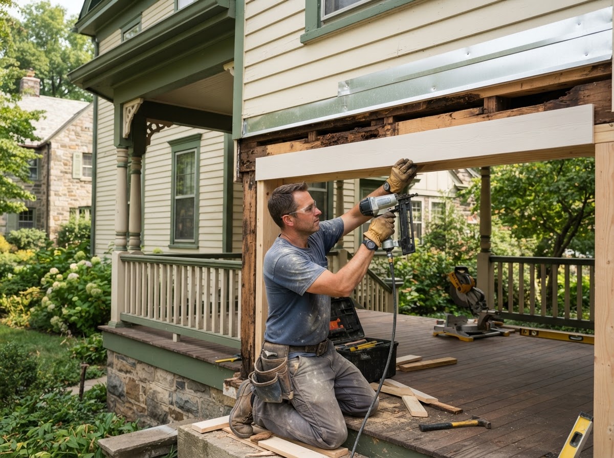 Exterior porch wood repair on an established Pennsylvania home