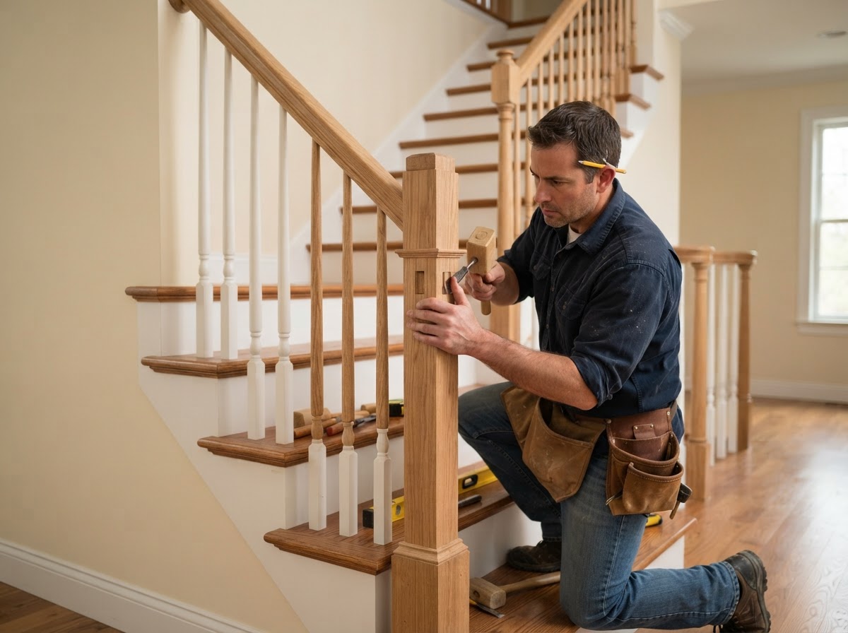 Residential staircase and railing carpentry with newel and baluster details