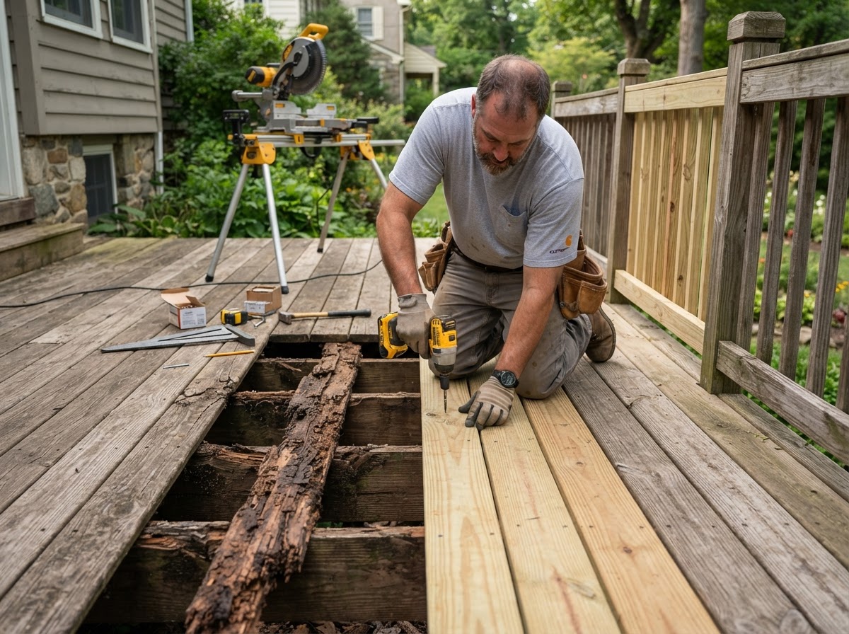 Carpenter repairing deteriorated deck boards and railing components