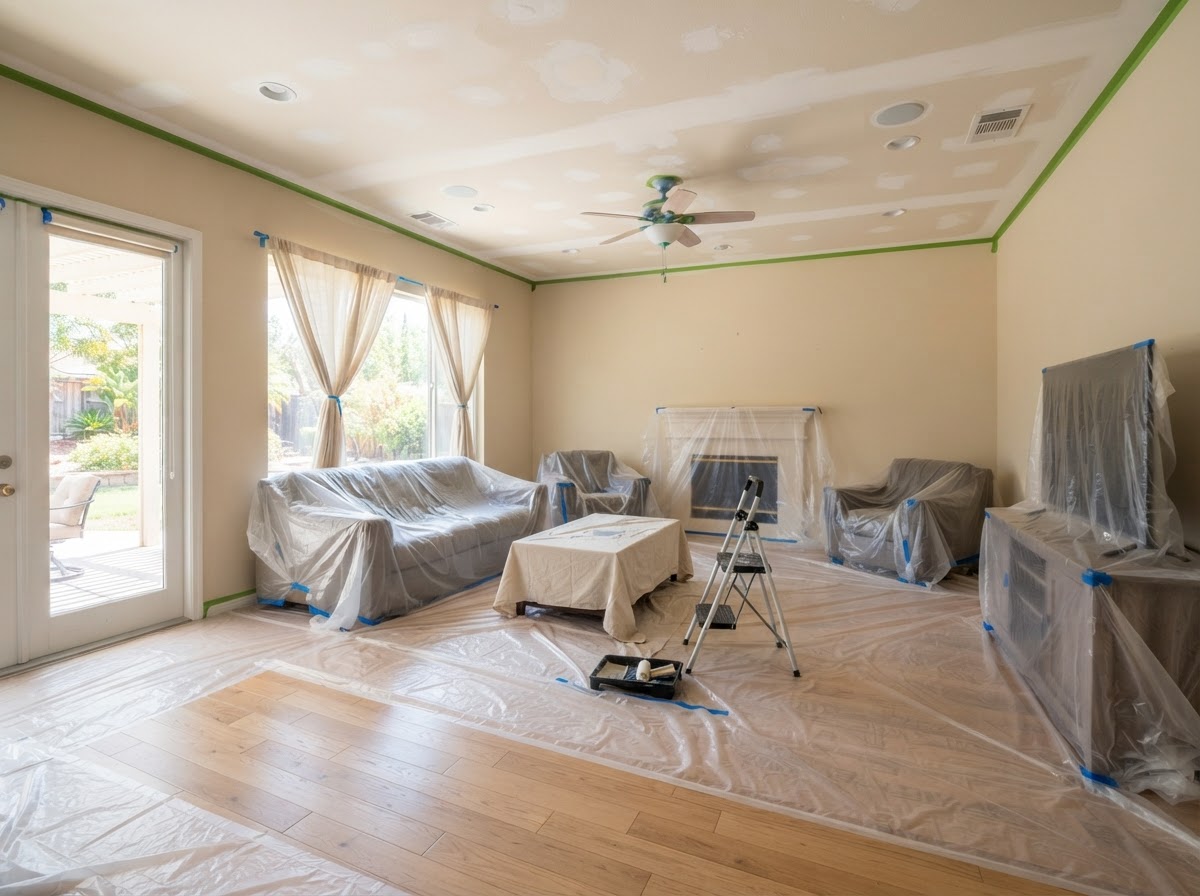 Room prepared for popcorn ceiling refinishing in Rowland Heights