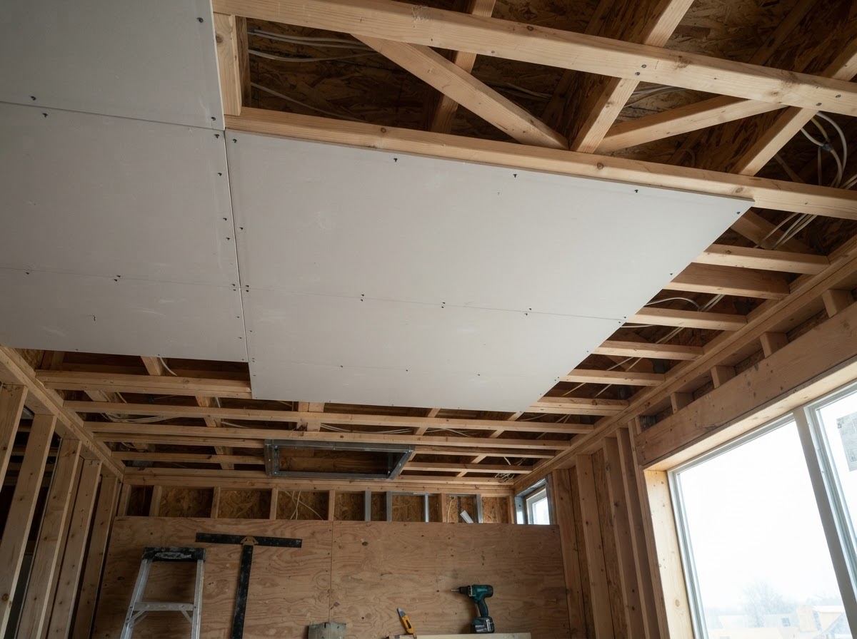 Drywall panel positioned on prepared ceiling framing