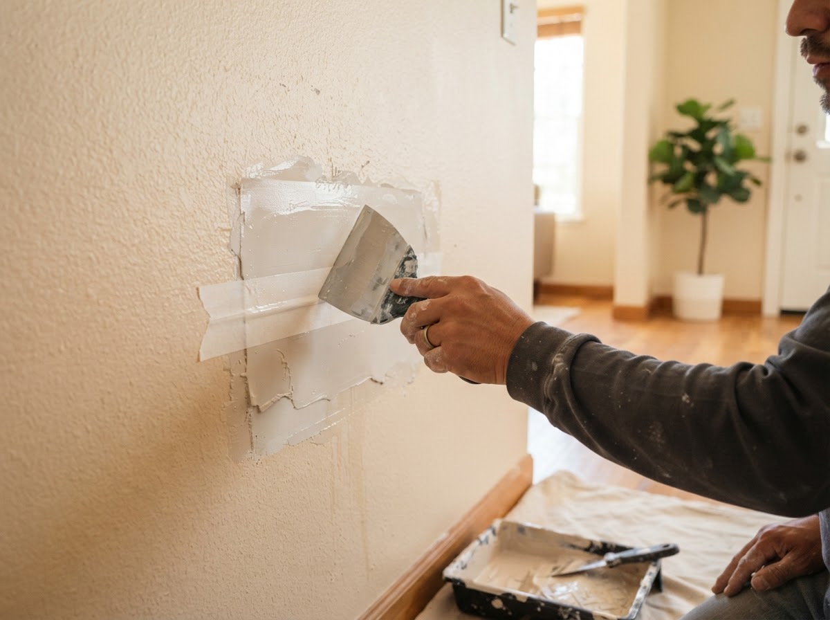 Drywall repair on a damaged wall in West Covina