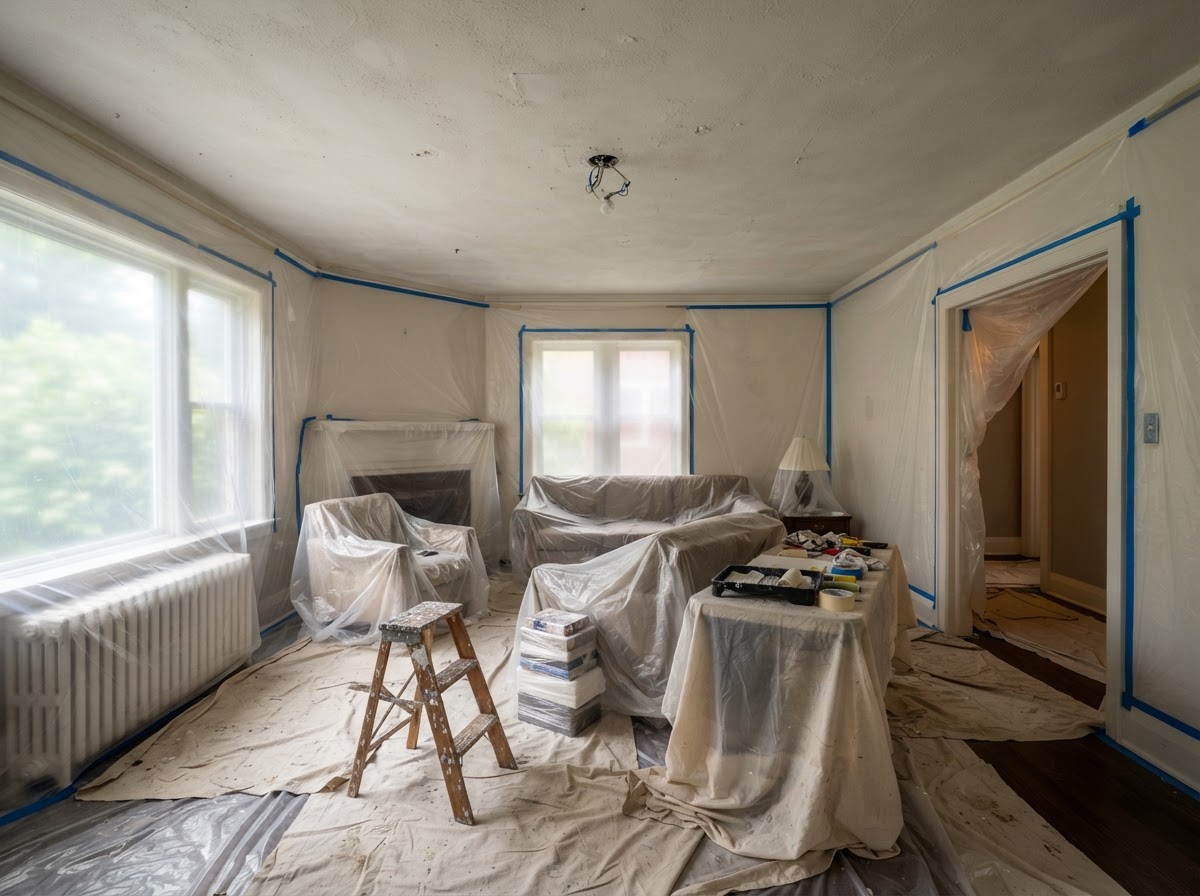 Room prepared for popcorn ceiling refinishing in Hacienda Heights