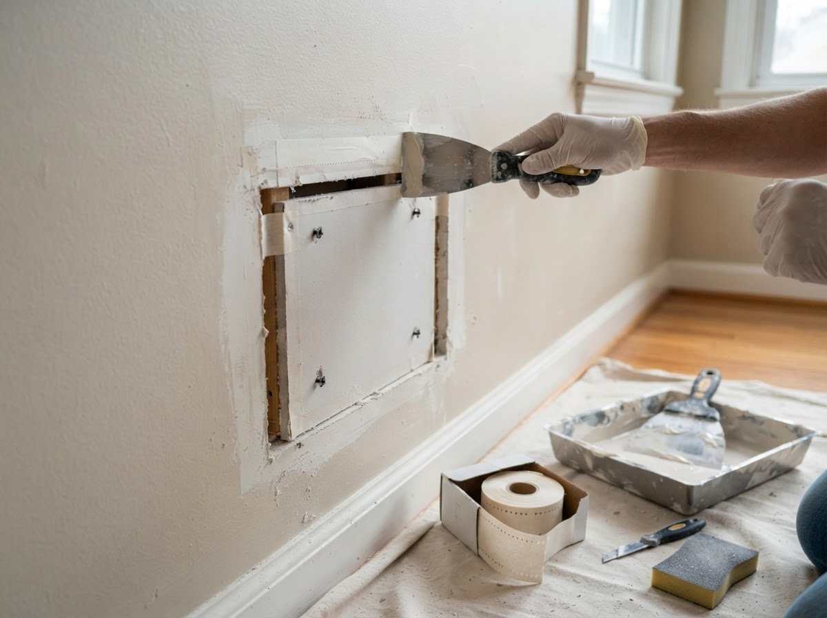Drywall access opening being patched