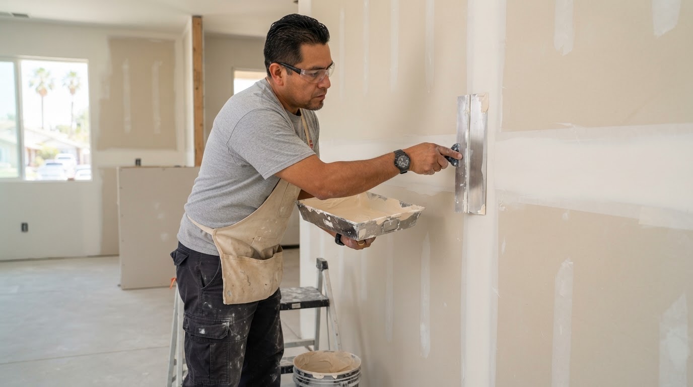 Drywall finishing contractor applying joint compound in West Covina