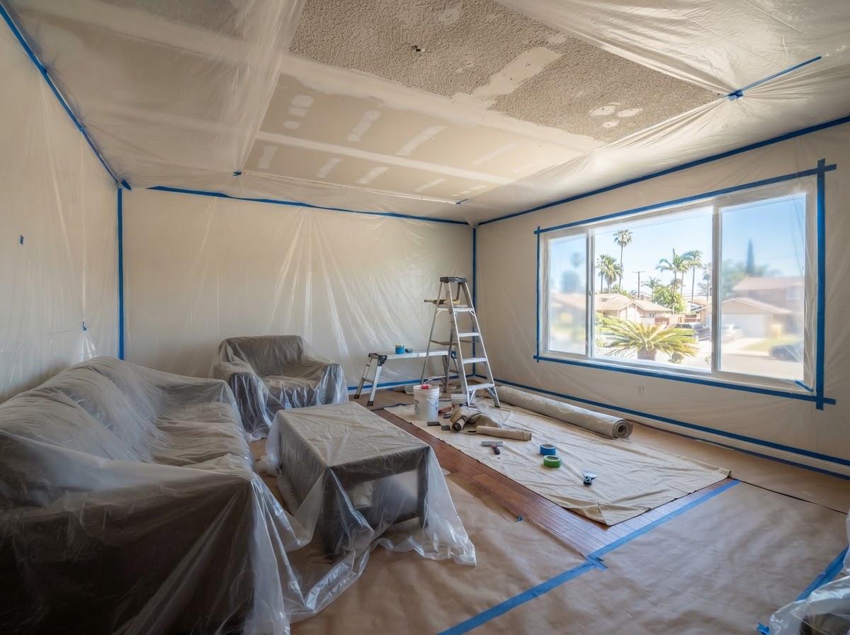 Room protected before popcorn ceiling refinishing