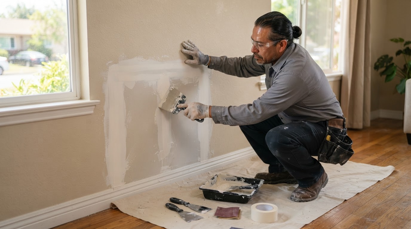 Drywall repair contractor working in a West Covina home