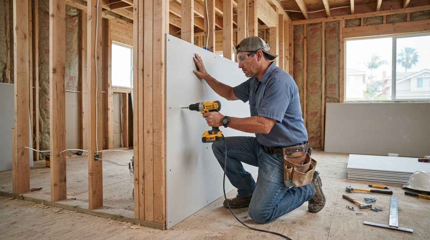 Drywall installation in a West Covina remodeling project