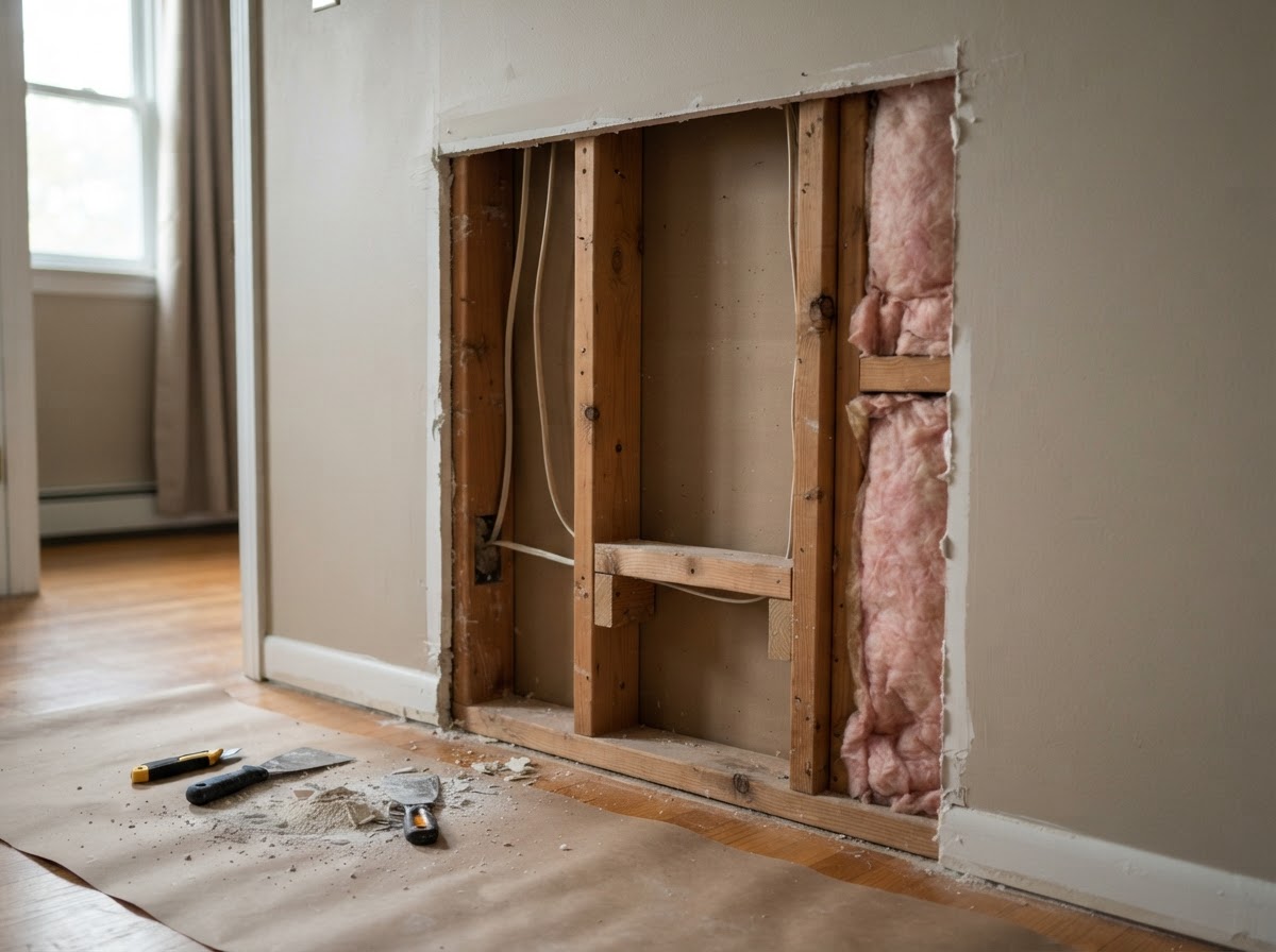 Damaged drywall removed before replacement