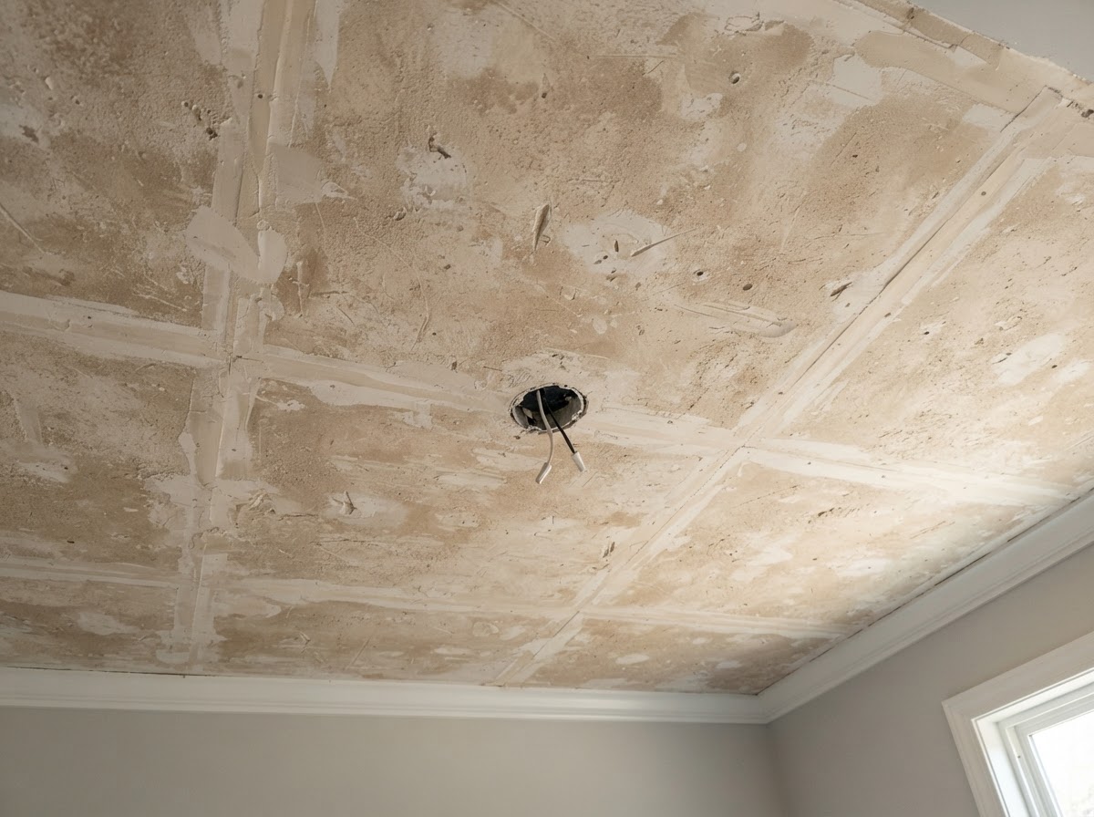 Ceiling prepared for refinishing after popcorn texture removal