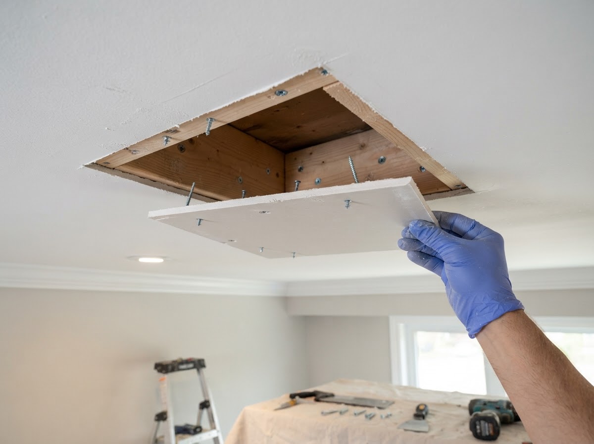 Supported ceiling drywall patch in progress