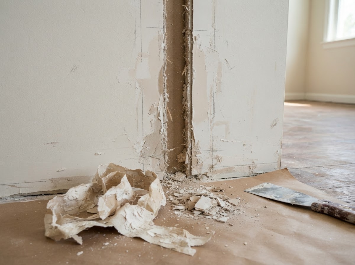 Loose drywall joint tape removed before repair