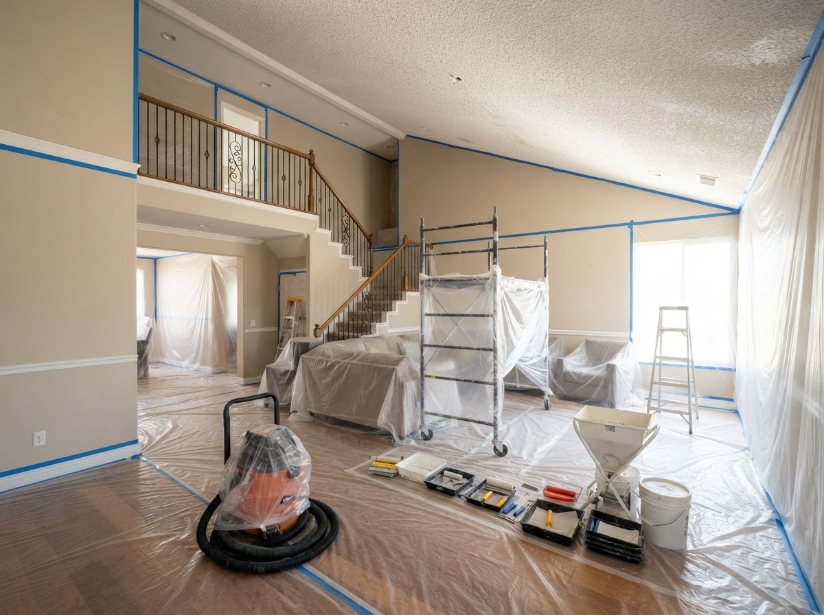 Diamond Bar room prepared for popcorn ceiling refinishing