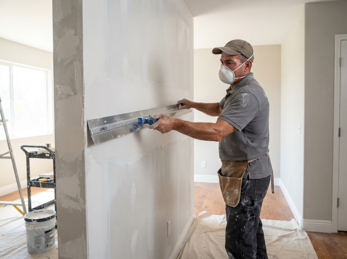 Skim coating a drywall wall in West Covina