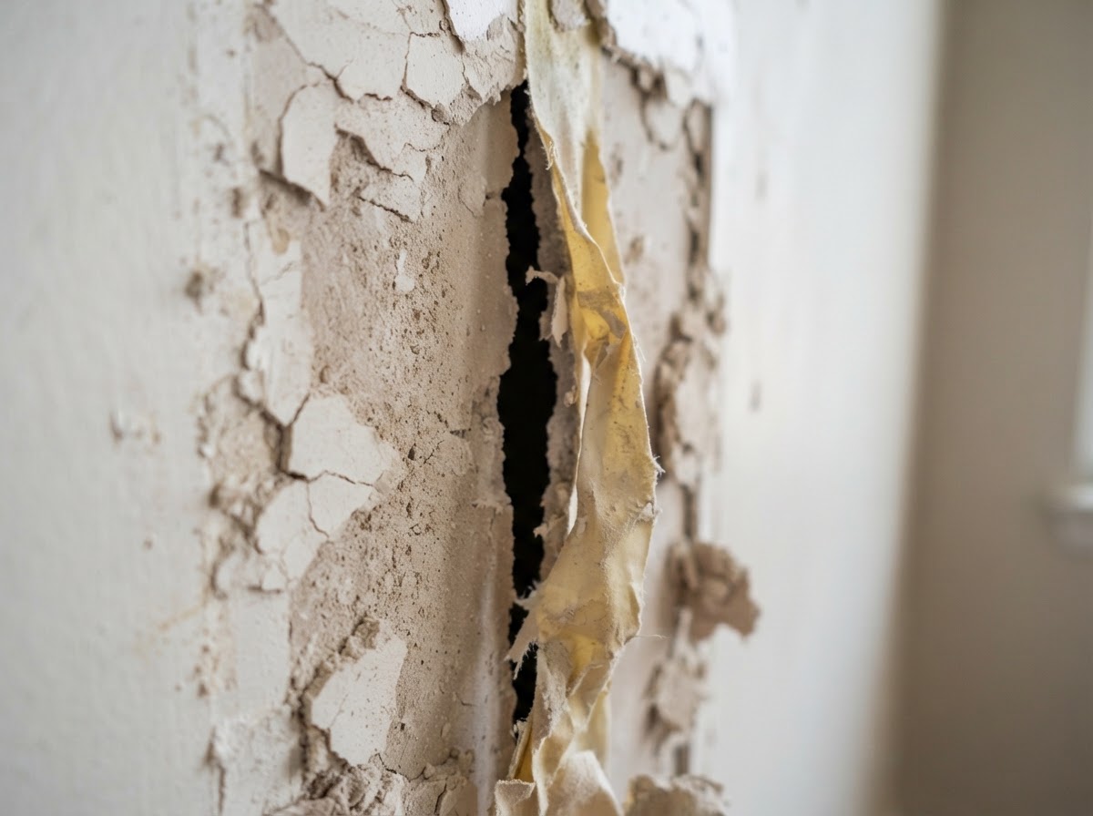 Failed drywall joint tape before crack repair