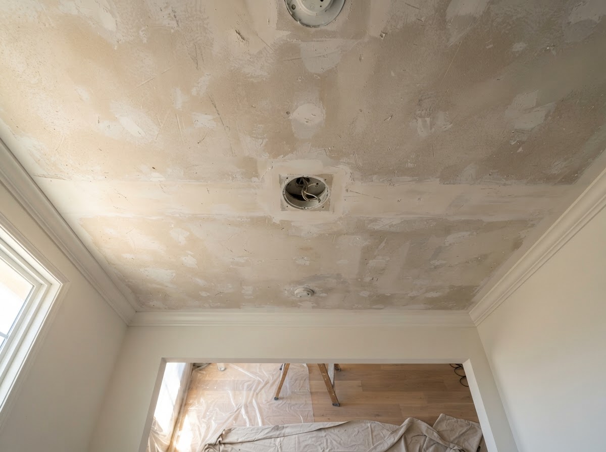 Ceiling prepared for refinishing after popcorn texture removal in Diamond Bar
