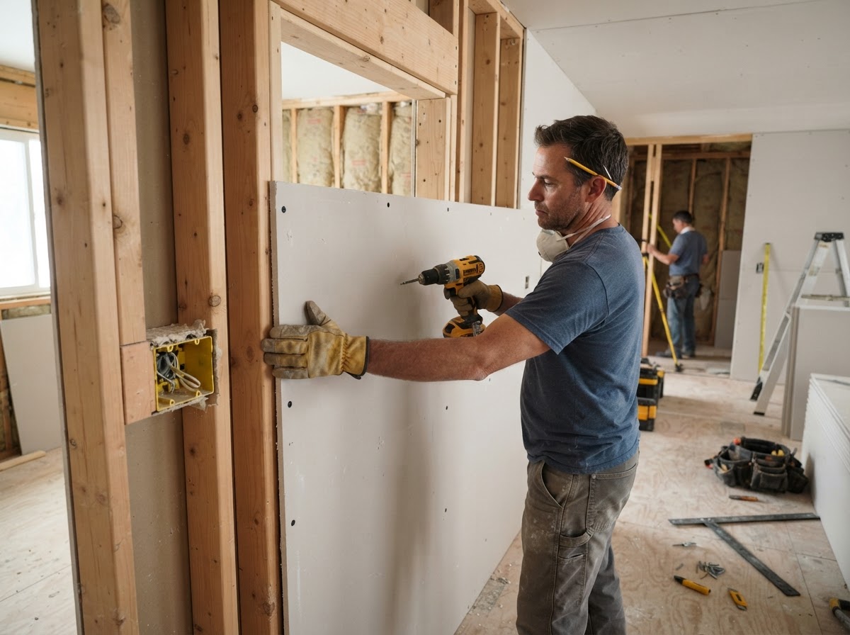 Drywall installation during an interior remodel