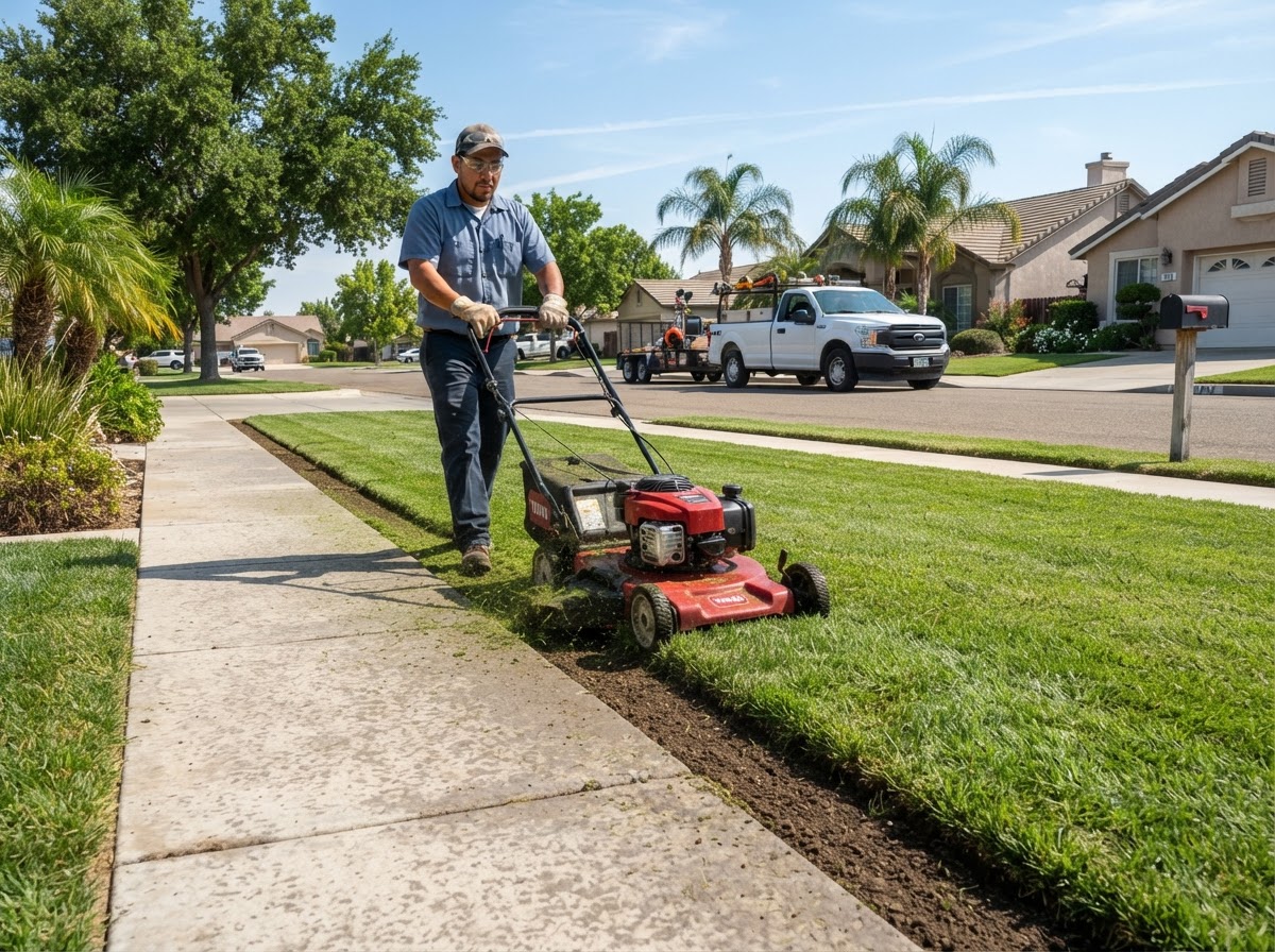 Lawn mowing and edging during yard maintenance in Wasco