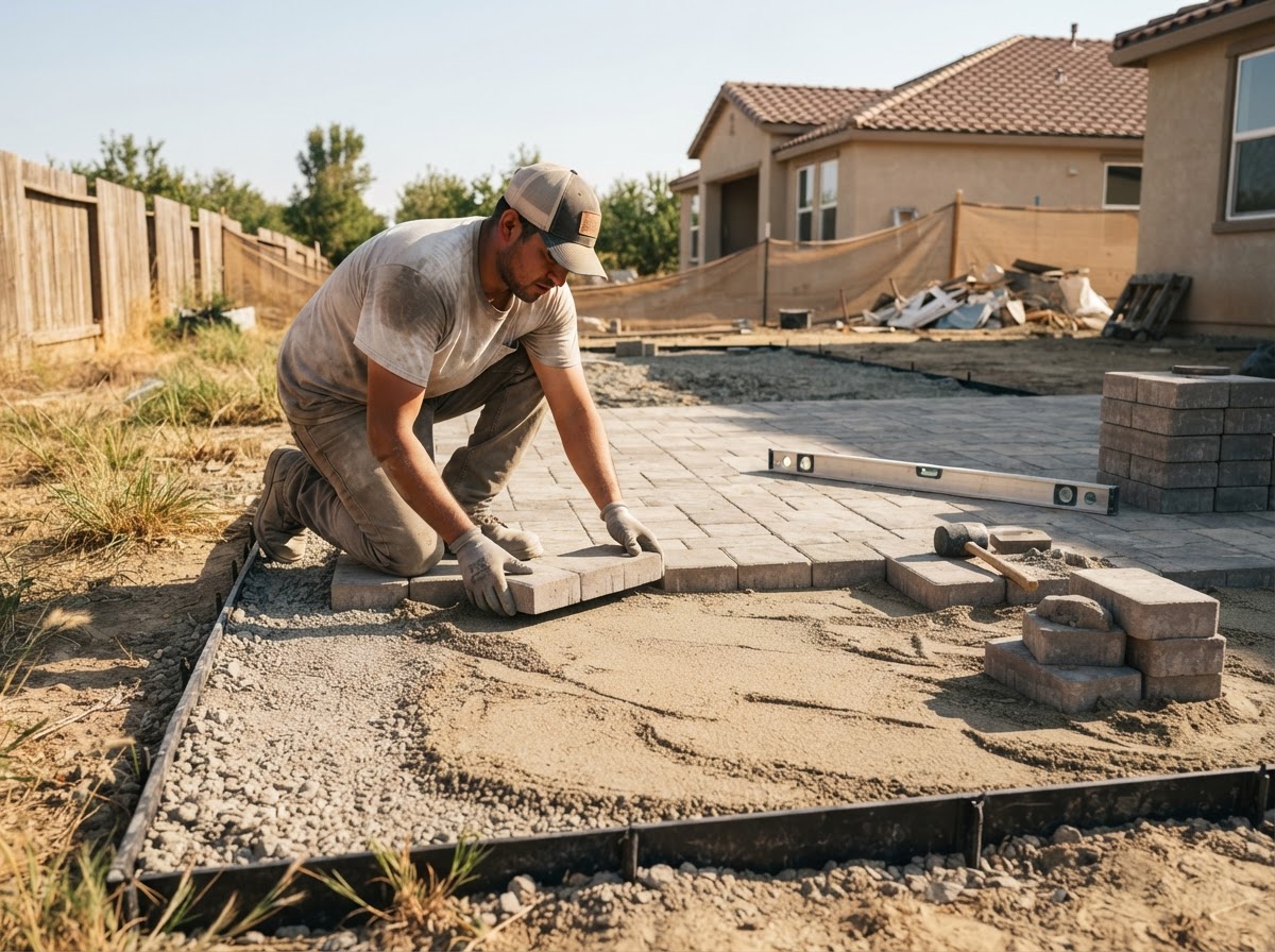 Paver patio installation with compacted base in Wasco