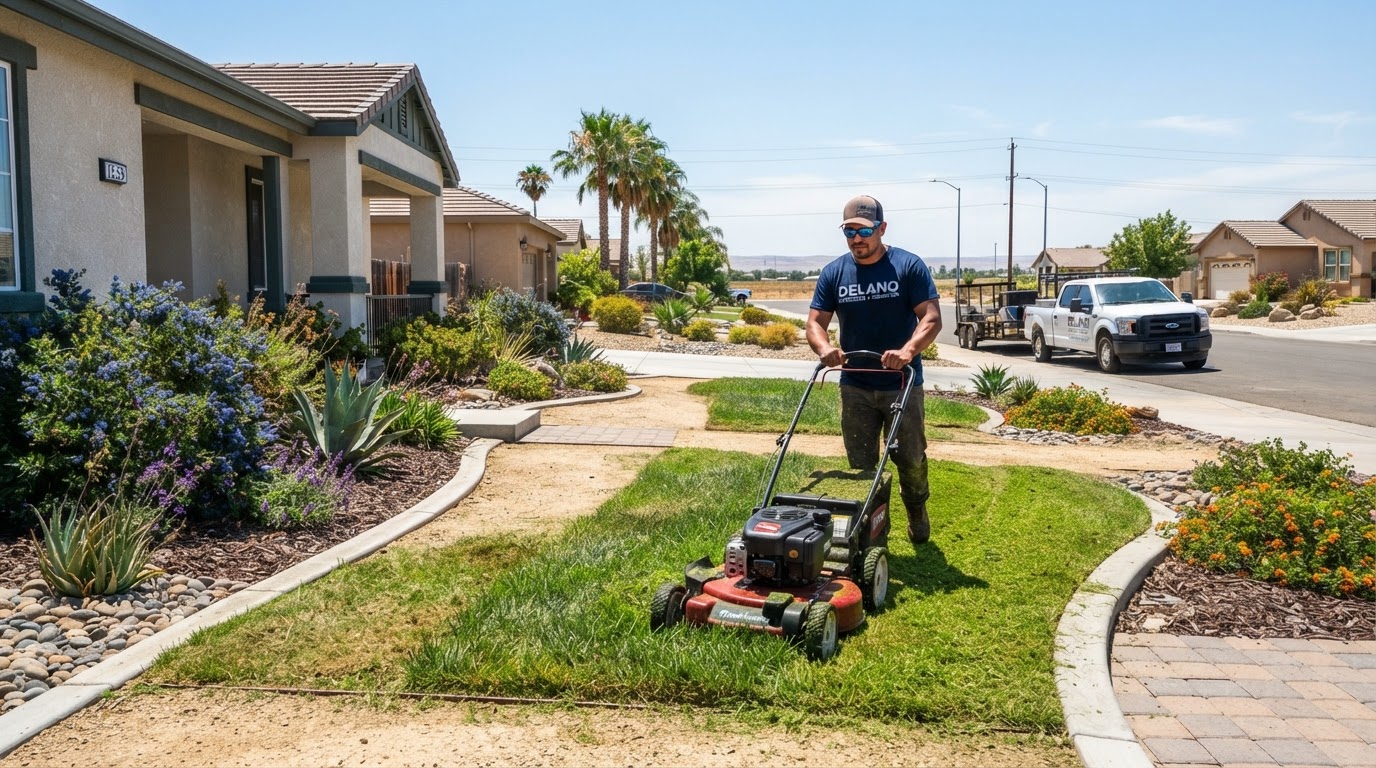 Lawn maintenance service at a residential property in Delano, CA