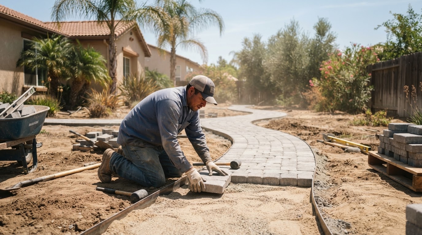 Paver walkway installation at a Wasco property