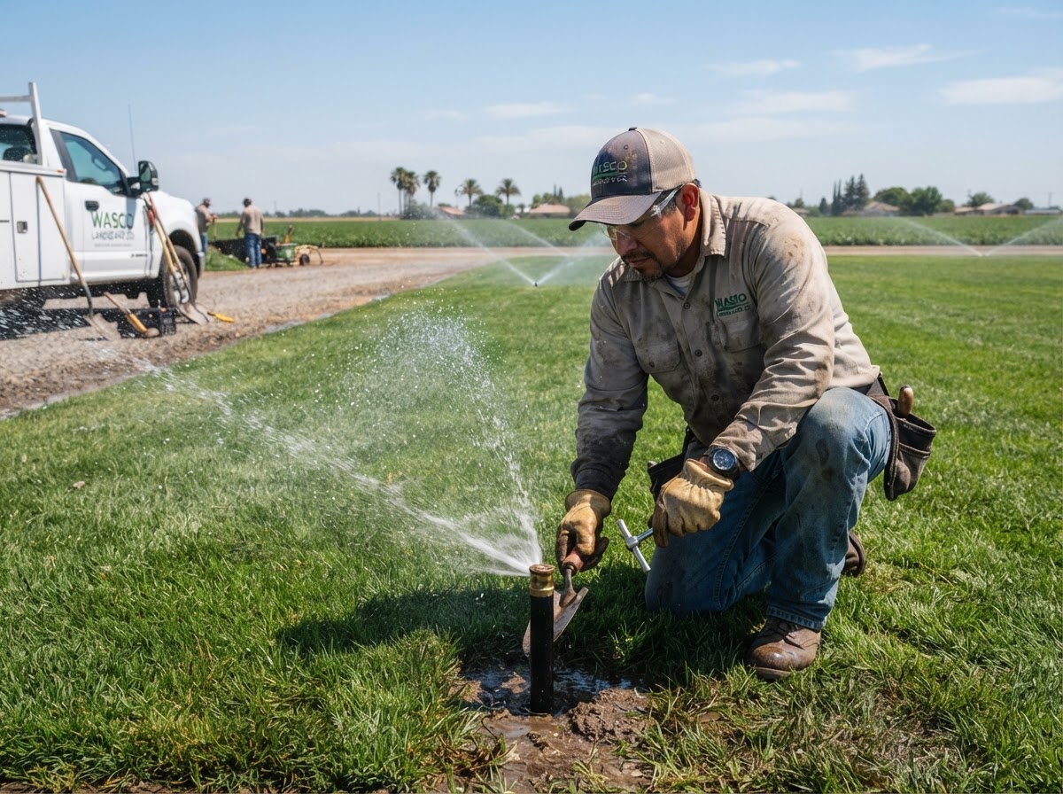 Checking irrigation coverage during lawn maintenance in Wasco