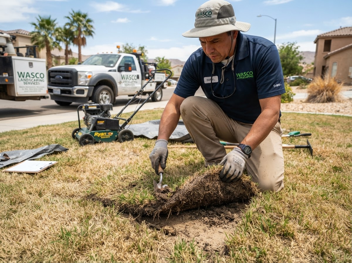 Assessing lawn thatch before dethatching service in Wasco