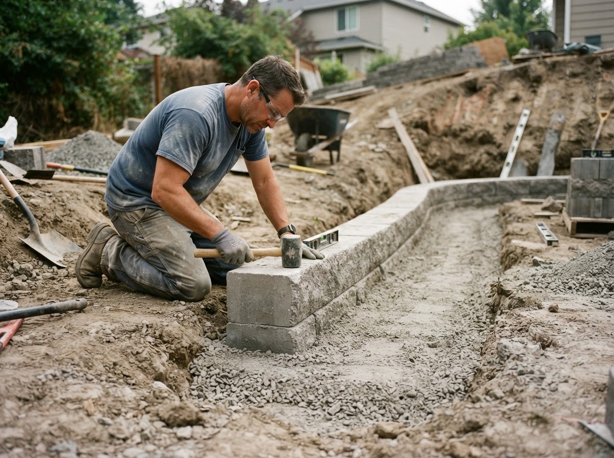 Retaining wall base preparation at a Wasco property