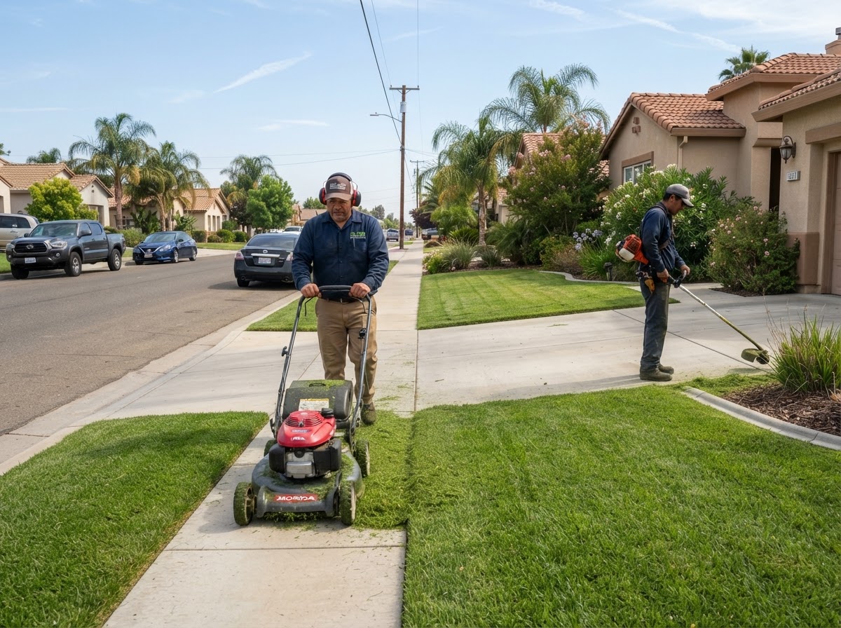 Lawn mowing and edging during maintenance in Delano