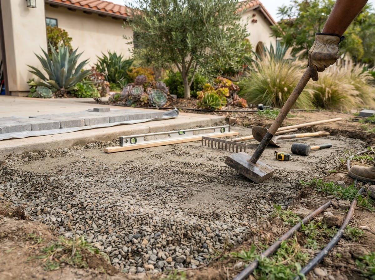 Compacted paver base preparation for hardscaping in Wasco