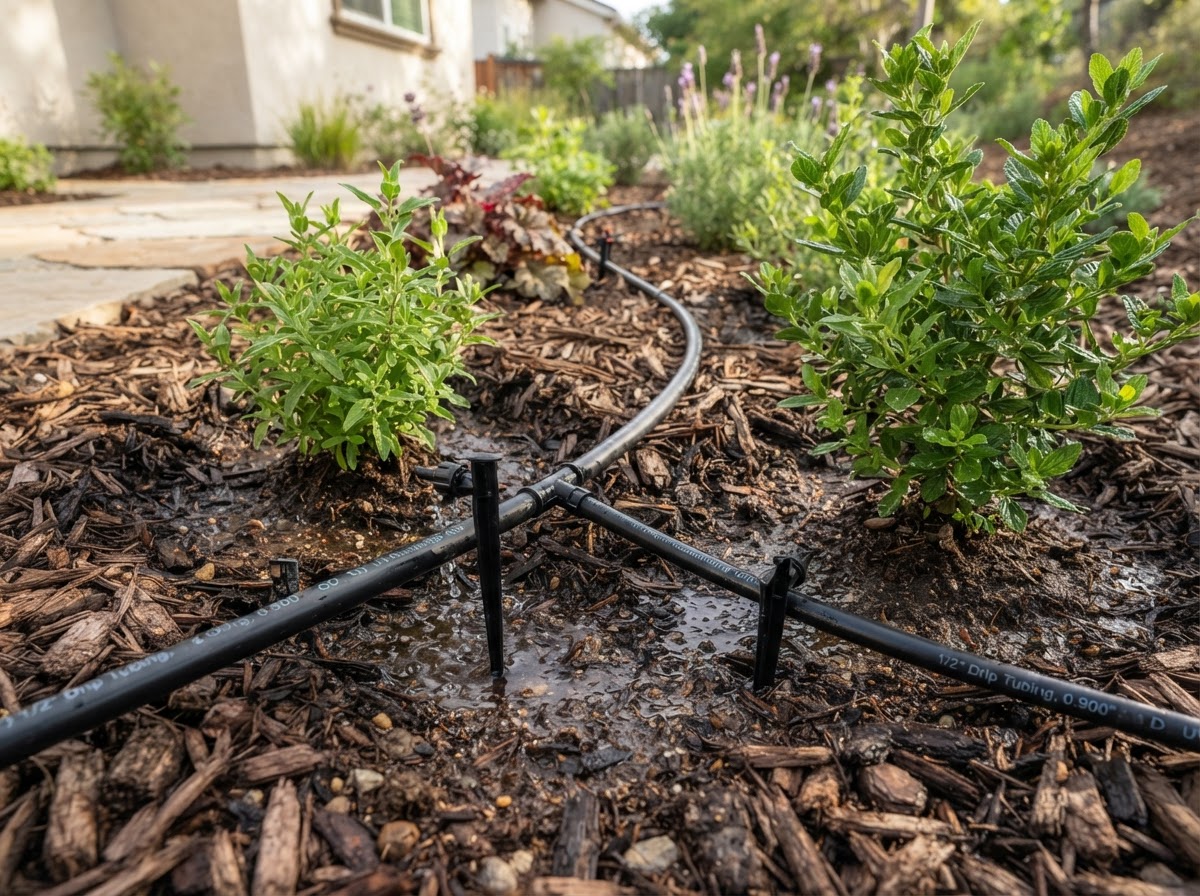Drip irrigation coordinated with new landscape planting in Wasco