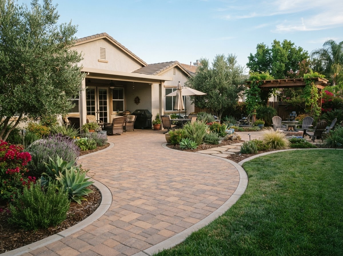 Paver patio integrated with residential landscaping in Wasco