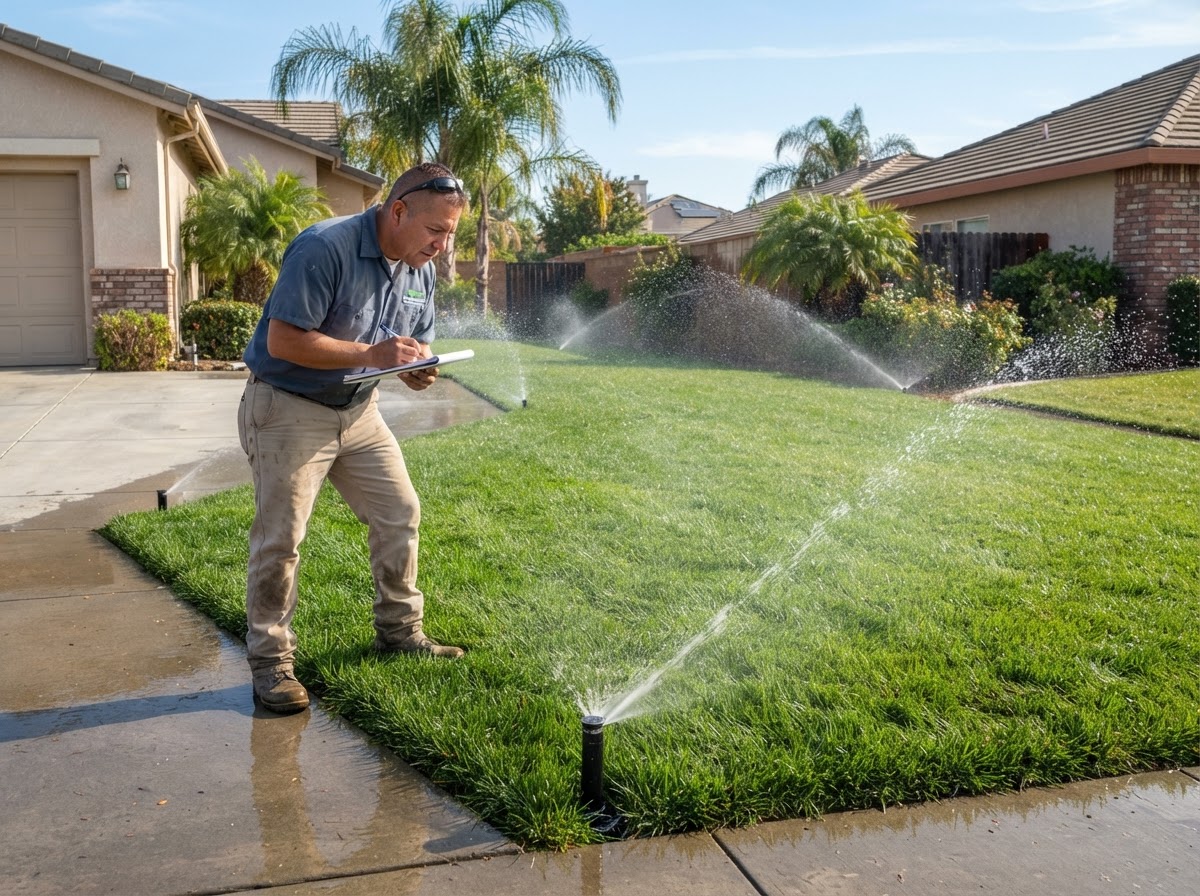 Checking irrigation coverage during lawn maintenance in McFarland